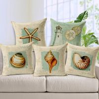Wholesale Cushion Decorative Pillow Linen Mediterranean Furnishing Oil Painting Lighthouse Case Shell Starfish Cushion Nautical
