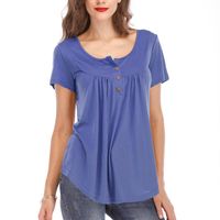 Wholesale Women s T Shirt Women Short Sleeve Casual Pleated Tunic Shirt V neck Loose Solid Color Button Top