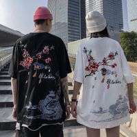 Wholesale Men s T Shirts Shirt Short Sleeve Chinese Style Embroidered Plum Blossom Loose Couple Summer Bad Girl Hip hop Fashion Street