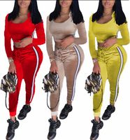 Wholesale Woman Autumn Spring Tracksuits Long Sleeve Crop Tops Pants Casual Two Pieces Sets Female Yellow Bodycon Streetwear Outfit XXL