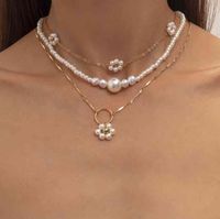 Wholesale Boho Statement Necklace Colors Choker Flower Charms Gold Plated Link Chain Handmade Pearl Necklace Set Jewelry Women