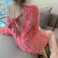 Wholesale Women s Sweaters Autumn Winter Furry Sweater Pink Woman Sweet Fashion Sexy Backless Hollow Long Sleeved Open Back Bow Tie Warm