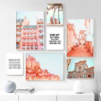 Wholesale Paintings Pink Building Wall Art Poster Decoration Home Canvas Painting Simple Black And White Text Living Room Landscape Picture
