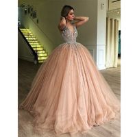 Wholesale Champagne Evening Dresses Sexy V Neck Beading Ball Gown Prom Dress Tulle Islamic Dubai Kaftan Saudi Arabic Formal Party Gowns