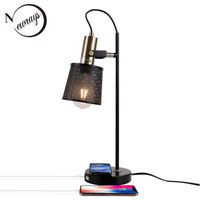 Wholesale Table Lamps Industrial Retro Black Iron Metal Net Desk Lamp With Wireless Charger USB Charging Port Adjustable Light Switch Plug