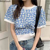 Wholesale Daisy Knitted Korean Women Pullover Jumpers Summer Short Sleeve O neck Tops Fashion Loose Ladies Sweaters