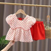 Wholesale Summer Baby Girl Clothes Suit Lovely Toddler Bubble Sleeve Print Blouse And Shorts Sets Red Black Princess Born Outfit Clothing