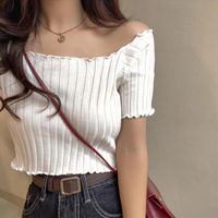 Wholesale Summer And Women Tight Mens T Shirt Short Sleeve Off Shoulder Stretchy Ruffles Hem Stripe Crop Tops Sexy Stripes Tees