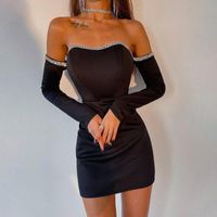 Wholesale Casual Dresses Balck Bodycon Dress Elegant Crystal Chain Off Shoulder Party Autumn Women Gloves Sleeve Sexy Mini Christmas