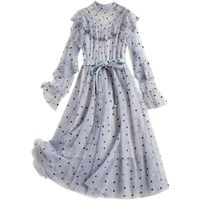 Wholesale Blue Black Beige Pink Lace Polka Dot Mesh Sash Pearl Gown Long Sleeve O Neck Midi Elegant Dress Pieces D1229