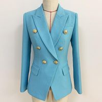 Wholesale Women s Jackets SS2021 Tender Women Jacket Fashion Lion Metal Button Double Breasted Suit Sky Blue Shawl Collar Long Sleeve Female Clothes