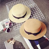 Wholesale Women summer straw hat British retro flat top sunshade hats outdoor lovers sunscreen Beach caps