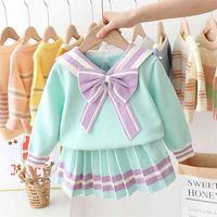 Wholesale Preppy Spring Autumn Knitwear Girl Clothes Set Baby Pullover Bowtie Sweater Pleated Skirt Kids Children Student Wear S11155
