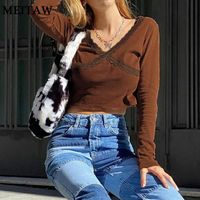 patched top 2022 - Women's T-Shirt Spring Women Cotton Tee Shirts 2021 Sexy V-Neck Lace Patched Crop Tops Casual Korean Slim Solid Long Sleeve