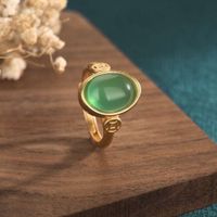 Wholesale New copper gold plated ring Palace Chinese style classic inlaid green chalcedony ingot ring