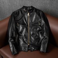 Wholesale Men s Leather Faux YR plus Quality Short Classic J100 Motor Biker Real Jacket men Black Slim Rider Tea Core Horsehide Coat