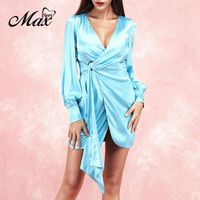 Wholesale Casual Dresses Max Spri Sexy Office Lady Deep V Mini Dress Long Sleeve With Buckle Wrap Collection Women Club Satin Draped Vestidos