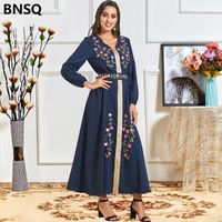 Wholesale Casual Dresses Maxi Blue Long Sleeve Plus Size Woman Dress Elegant Embroidery Muslim Arabic Turkish Kaftan Moroccan Islamic Clothing