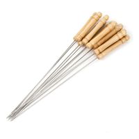 Wholesale 50PCS Stainless Steel Wooden Handle Skewers Reusable Non Magnetic Barbecue Round Stick Outdoor Camping Picnic BBQ Tool