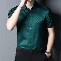 Wholesale High Quality Blackish Green Real Silk Jacquard Shirts For Mens Luxury Clothing Smooth Satin Summer Dress Stout Cozy Oversize Men s Casual