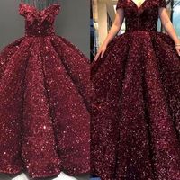 Wholesale Spakling Burgundy Sequins Prom Dresses Evening Gowns Arabic Dubai Formal Occasion Ball Gown Off Shoulder Blue Sexy Backless Bling