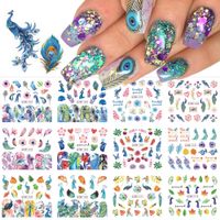 Wholesale Perfections12pcs Gorgeous Peacock Feather Nail Art Stickers Chameleon Flowers Leaves Manicure Decorations Decals Sliders Set TRBN1201