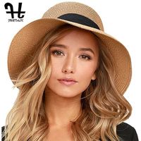 Wholesale Furtalk Summer Hat for Women Beach Straw Hat Panama Sun Hat Wide Brim Bucket Uv Protection Cap with Bow Tie Chapeu Feminino Q0805