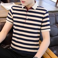 Wholesale Korean Green Summer Lapel Short Sleeve T shirt Polo Thick Stripe Business Casual Pullover Men s Wear