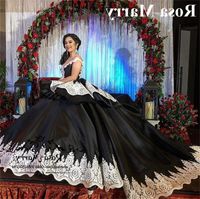 Wholesale Gothic Black Sweet Masquerade Quinceanera Dresses Ball Gown Off Shoulder Gold Lace Arabic Vestidos Anos Girl Birthday