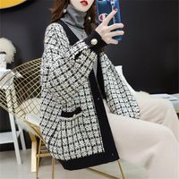 Wholesale Women s Knits Tees Office Lady Plaid Sweater Cardigan Women Coat Fall Winter Korean Style Small Fragrant Loose Western style Knitted