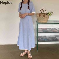 Wholesale Neploe Woman Sweet Dress O Neck Short Sleeve Plaid Maxi Dresses Korean Style Simple Casual Slim Waist Vintage Vestidos De Mujer