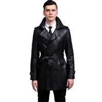 Wholesale Black Mens Pu Leather Trench Coats Man Medium Length Coat Men Fashion Clothes Slim Fit Overcoat Long Sleeve Designer Men s