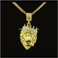 Wholesale Necklaces Pendants Drop Delivery Fashion Gold Cuban Link Chain Lion Head King Crown Pendant Necklace Mens Hip Hop Jewelry Em0U7