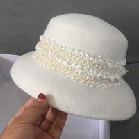 Wholesale Fashion White Wide Brim Wool Felt Hat Floppy Lace Band Winter Cloche Bucket Bowler Women Wedding Church Dress