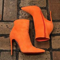 Wholesale Elegant Brands Womens short boot Red Bottom Shoes Women suede Leather Ankle Boots Sexy High Heels Pointed Toe Booty Lady Party Dress Booties EU35