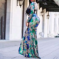 Wholesale Vintage Green Long Sleeve Mermaid Sequins Dress Sparkly Elegant Plus Size Shiny Party Evening African Long Dresses for Women