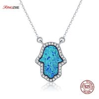 Wholesale TONGZHE Luxury Synthetic Opal Hamsa Hand Pendant Necklace Sterling Silver Jewelry Women Cable Chain quot quot Extender