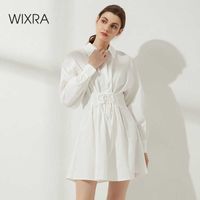 Wholesale Wixra Lace Up Dresses Womens Turn Down Collar Empire White Short Clothing Cotton Shirts Summer Autumn