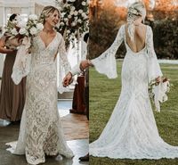 Wholesale Boho Mermaid Wedding Dresses Long Flare Sleeves Backless Bridal Gowns Lace Bohemian Summer Garden robe de marriage Custom Made Plus Size