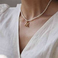 Wholesale Wholale brass gold plated frh water pearl chain initial letter alphabet pendant necklace choker jewelry for women