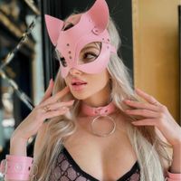 Wholesale New Pink Erotic Women Sexy Leather Cat Mask Cosplay Face Halloween Party Cosplay Mask Masquerade Ball Fancy Party Masks Q0806