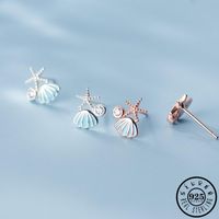 Wholesale Stud Sterling Silver Blue Seashell Starfish Shape Rose Gold Color Plated Ear Studs Earrings Cute Jewelry For Women