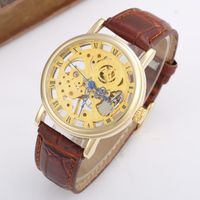 Wholesale Drop GOER Skeleton Watches Mens Gold Leather Strap Fashion Casual Men Men s Mechanical Hand Wind Wristwatches