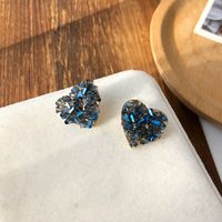 Wholesale S925 Silver Needle French Ins Deep Sea Blue Earrings Small Personality Love Glass Cut Net Red