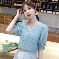 Wholesale Womens Tops And Blouses Solid Green White Chiffon Blouse Office Shirt Blusas Mujer De Moda Puff Sleeve Women Shirts Clothes Women s T S