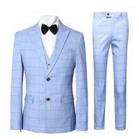 Wholesale Men s Suits Blazers Check Slim Men Fashion Formal Casual Suit Business Office Work Daily Life Wedding Groom Pieces Sky Blue Light Yellow