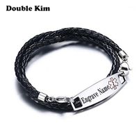 Wholesale Customized Men Engrave Braided Leather Bracelet Stainless Steel Material DIY Word Jewelry Give A Friend Gift Bangle