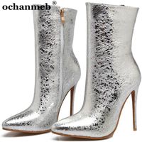 Wholesale Boots Sexy Ladies cm Thin High Stiletto Heels Pointed Toe Shoes Women Metallic Silver Mid calf Female Party Club Dancing1