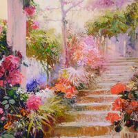 Wholesale Rose Garden Steps Home Decor Large Oil Painting On Canvas Handcrafts HD Print Wall Art Pictures Customization is acceptable