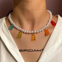 Wholesale Pendant Necklaces Korean Cute Candy Jelly Resin Bear Pearl Beaded Necklace For Women White Choker Transparent Cartoon Femme Jewlery